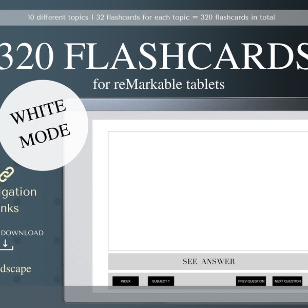 Flashcards pour tablettes reMarkable, flashcards pour étudier, flashcards remarquables avec lien hypertexte, mode portrait, mode blanc, flashcards numériques