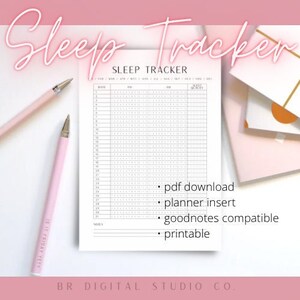 May include: A printable sleep tracker with a grid for recording sleep hours for each day of the month. The tracker is compatible with Goodnotes and includes a PDF download and planner insert.