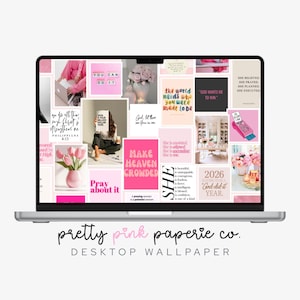 May include: A laptop displays a desktop wallpaper with a collage of pink and white images. The collage includes text like "Pray about it" and "Make Heaven Crowded." The laptop has the text "pretty pink paperie co. DESKTOP WALLPAPER" at the bottom.