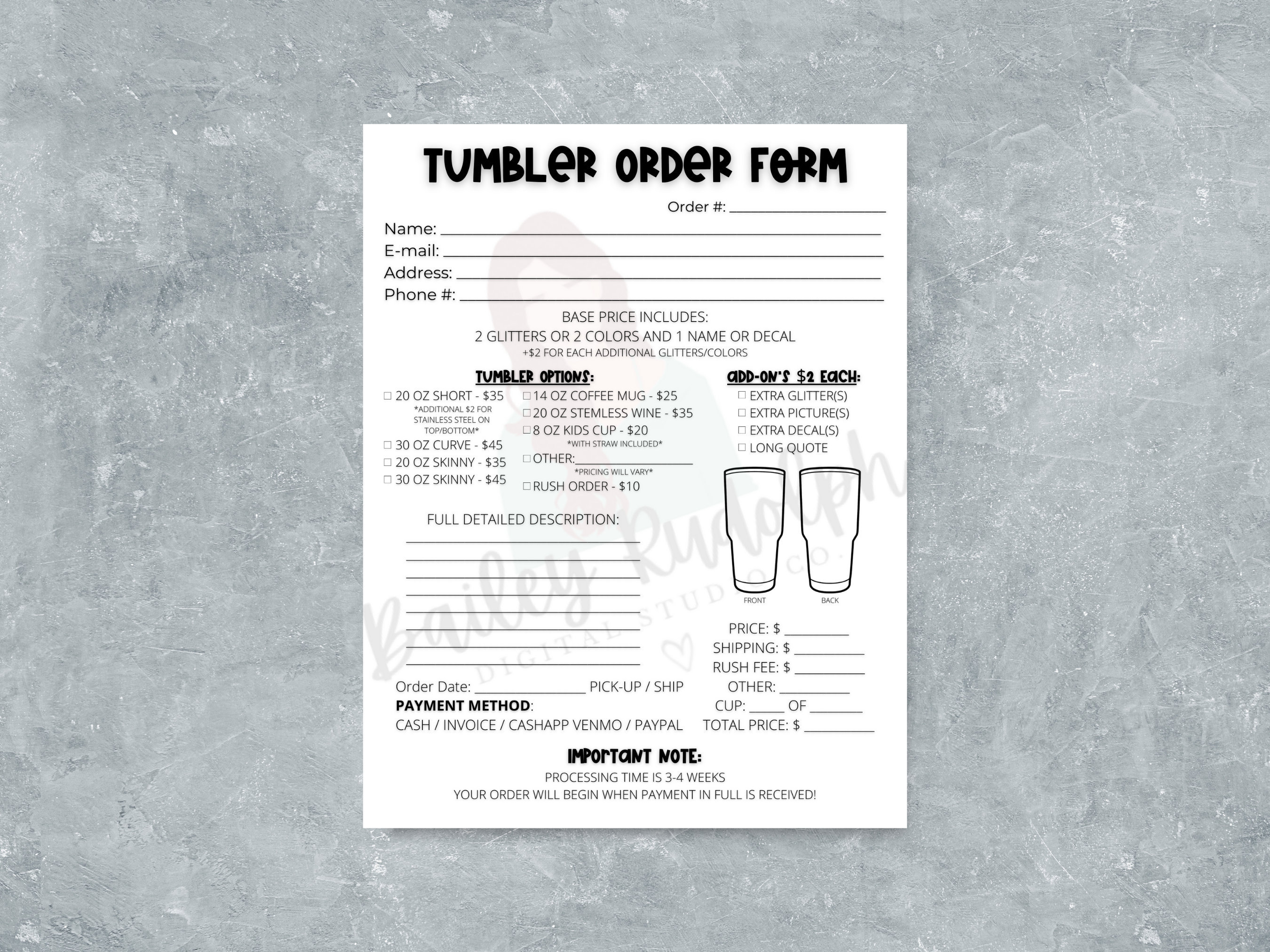 Custom Tumbler Order Form PRINTABLE Etsy