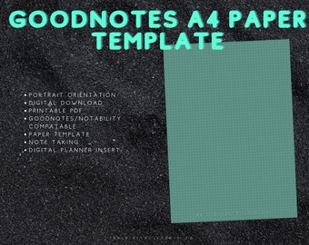 May include: A digital paper template for Goodnotes and Notability apps. The template is portrait orientation, printable, and compatible with digital planners. The template is a light green color with a grid pattern.