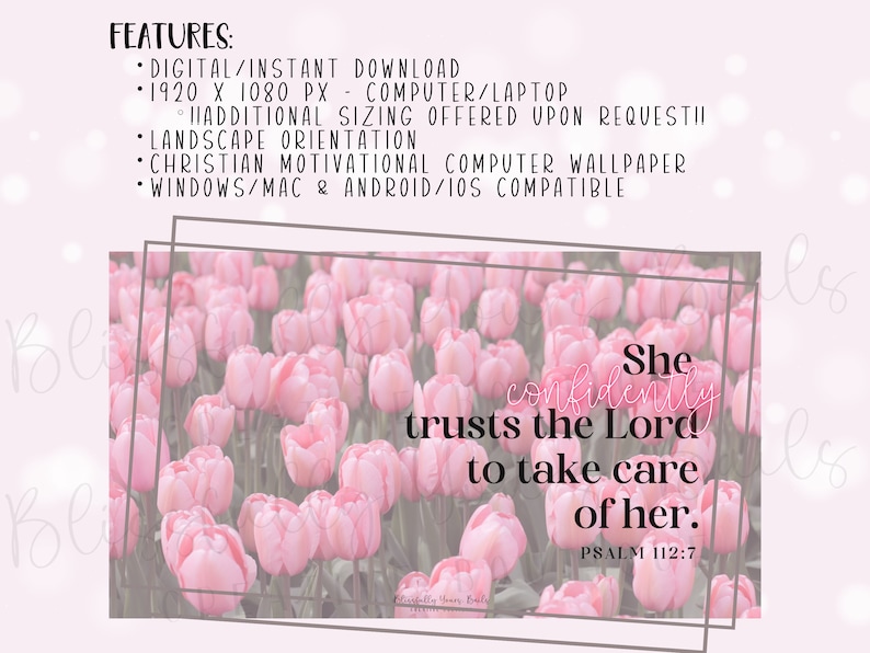 Może przedstawiać: Cyfrowa tapeta na pulpit przedstawiająca pole r&oacute;żowych tulipan&oacute;w z tekstem "She confidently trusts the Lord to take care of her. Psalm 112:7".