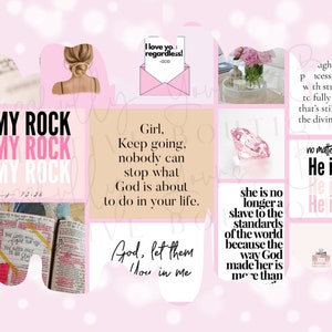 Può includere: Un collage rosa e bianco di citazioni e immagini ispiranti. Le citazioni includono "Dio è la mia roccia", "Ragazza, continua, nessuno può fermare ciò che Dio sta per fare nella tua vita", "Lei non è più schiava degli standard del mondo perché il modo in cui Dio l'ha fatta è più di", e "Non importa quale sia la mia situazione, Lui è fedele".
