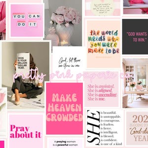 Puede incluir: Un collage de imágenes y citas inspiradoras con temática rosa. Incluye texto como "You Can Do It", "Make Heaven Crowded" y "2026 is Your Million Dollar Year". Presenta flores, un portátil y las palabras "pretty pink paperie co."