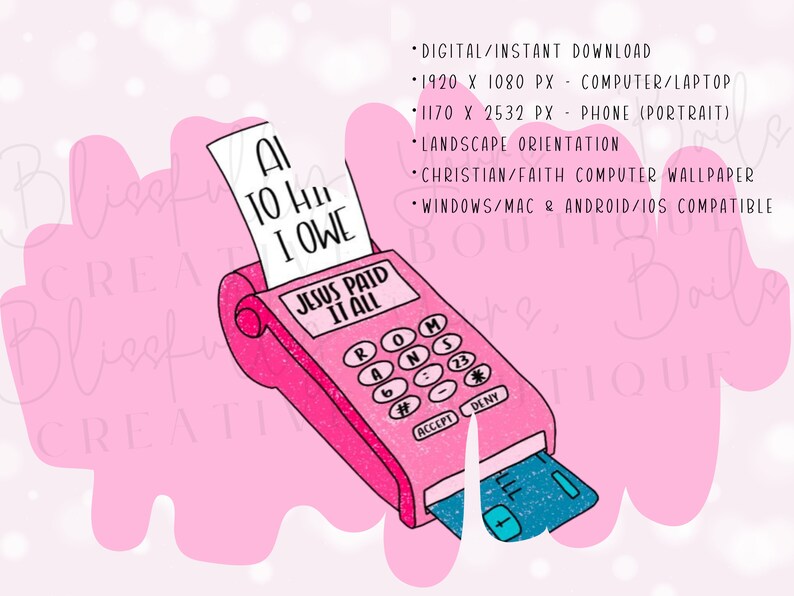 Puede incluir: Un terminal de pago digital rosa con un recibo que dice "Todo a &Eacute;l, Le Debo, Jes&uacute;s Pag&oacute; Todo". El terminal tiene una ranura para tarjeta de cr&eacute;dito y botones etiquetados como "Aceptar" y "Denegar".