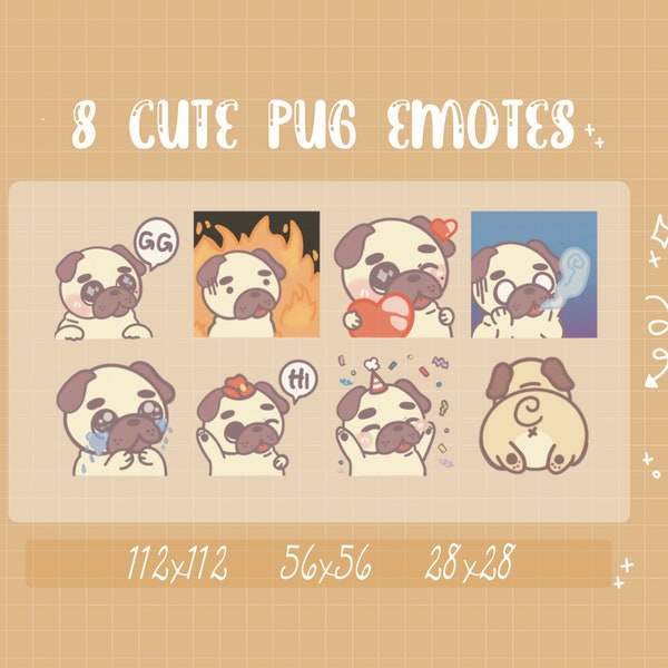 8 Kawaii Pug Twitch Emotes - Cute Chat Emotes, Discord emoji, streamer add on, gamer, doggy, youtube