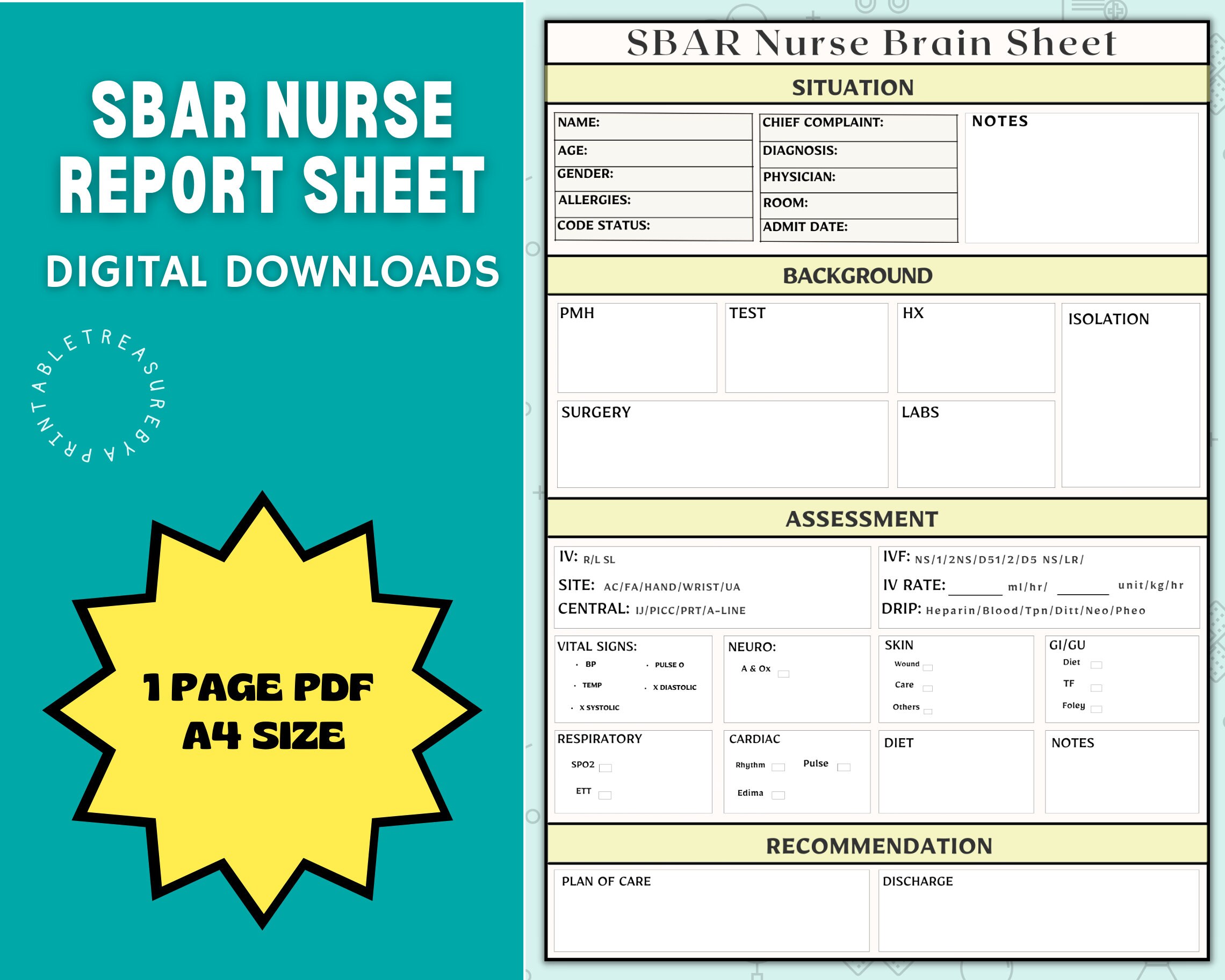 Sbar Report Sheet Nurse Report Sheet Icu Report Sheet Etsy Canada