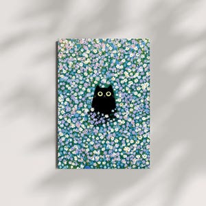 May include: A whimsical illustration of a black cat with large yellow eyes, surrounded by a field of small blue and white flowers. The cat is centered in the image, creating a charming and playful scene.