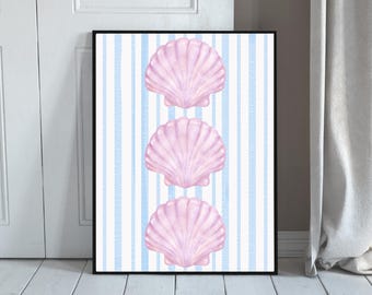 Decoración de pared con conchas marinas rosas, arte náutico costero para imprimir (descarga digital)