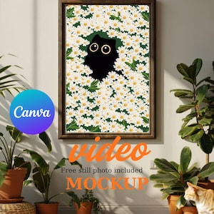 Editable Canva Video Frame, Cat Interior Mockup, Wall Art Video Display for Digital Downloads