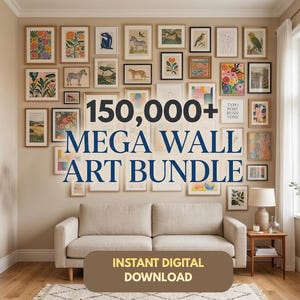 Puede incluir: Una pared de galería con numerosas impresiones artísticas enmarcadas en varios tamaños y estilos, incluyendo ilustraciones botánicas y estampados de animales. El texto "150,000+ MEGA WALL ART BUNDLE" se muestra prominentemente, con "INSTANT DIGITAL DOWNLOAD" debajo.
