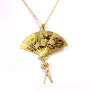 Folding Fan Necklace 2&quot;wide,1970s Gold Plated Folding Fan Necklace,New Old Stock Folding Fan Necklace with brooch pin back