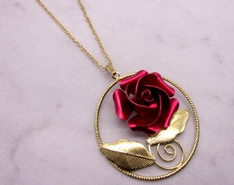 American Beauty Rose Necklace, Vintage American Beauty Rose Necklace, Vintage 1970s American Beauty Rose Necklace New Old Stock