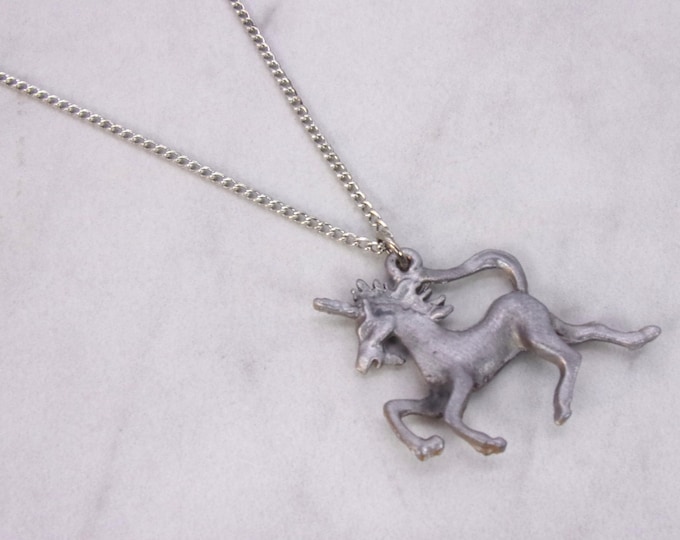 Unicorn Necklace,New Old Stock Pewter Unicorn Necklace, Vintage 1970s New Old Stock Pewter Finish Unicorn Necklace