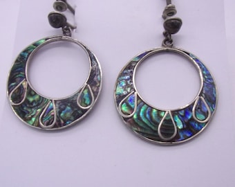 Pendientes de aro vintage de plata de ley con abulón, pendientes de aro con abulón