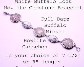 Buffalo Nickel Bracelet Full Date,White Buffalo Turquoise Look Howlite Cabochons,Several Sizes available