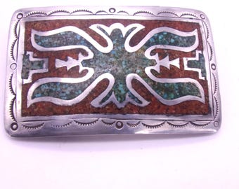 Native American Chip Inlay Buckle, Juan T. Singer JTS Hallmark,Sterling Silver Turquoise & Coral