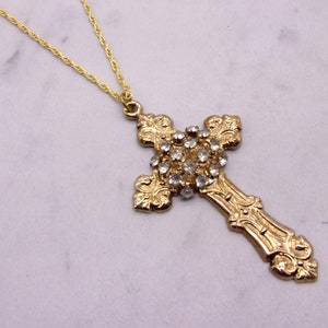 Rhinestone Cross Necklace, Large Rhinestone Cross Necklace,1970s Vintage Rhinestone Cross Necklace, New Old Stock Large Rhinestone Cross