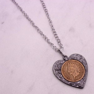 Indian Head Penny Pewter Heart Necklace,Genuine Indian Head Penny Heart Necklace