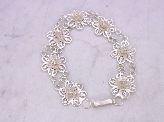 Vintage Silver Filigree Flower Bracelet,Sterling … - image 5