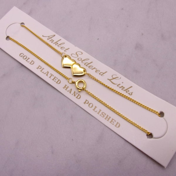 Double Heart Ankle Bracelet,14Kt Gold Plated Ankle Bracelet,Double Heart Anklet