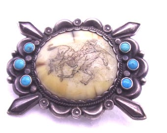 Elliot Qualo Zuni Native American Sterling Silver Belt Buckle,Old West Style Scrimshaw Horn Carving,1960s Authentic Rare Example