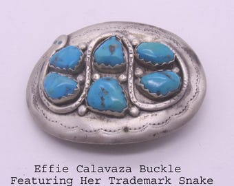Effie Calavaza Zuni Belt Buckle, Snake Turquoise Stones