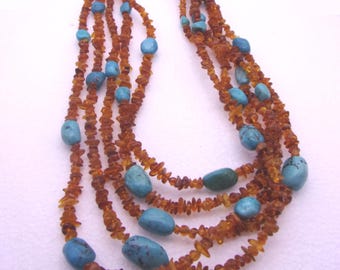 JAY KING DTR 5 Strand Natural Honey Amber Turquoise Nuggets 925 Sterling Silver Necklace