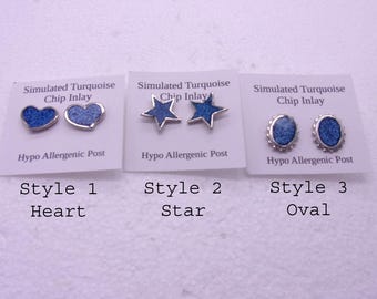 Pendientes con incrustaciones de chip, pendientes con incrustaciones de chip de turquesa sintética, pendientes con incrustaciones de chip ovalado de corazón y estrella