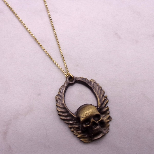 Winged Skull, Bronze Finish Winged Skull, New Old Stock Necklace