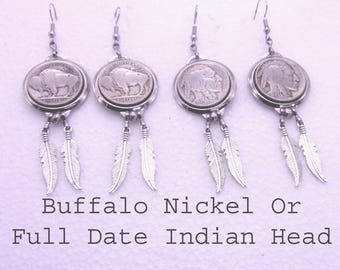 Buffalo Nickel Feather Earrings,Full Date Buffalo Nickel Earrings Vintage Parts & Vintage Coins