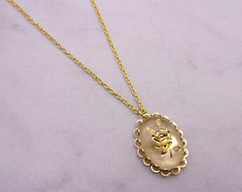 Gold Rose Intaglio Necklace, Intaglio Rose Necklace, New Old Stock Necklace