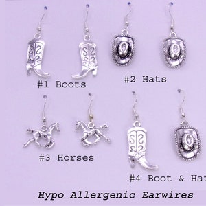 Cowgirl Earrings,Cowboy Earrings,Cowboy Boot Earrings,Cowboy Hat Earrings,Horse Earrings Hypo-Allergenic Ear Wires Silver Finish