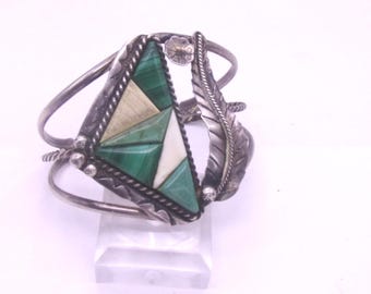 Vintage Navajo Bracelet Turquoise, Malachite & MOP Sterling Silver Leaf Bracelet 1980s
