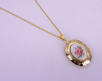 Rose Limoges Stone Locket,1970s Limoges Stone Locket,18x13 Rose Limoges Stone Locket