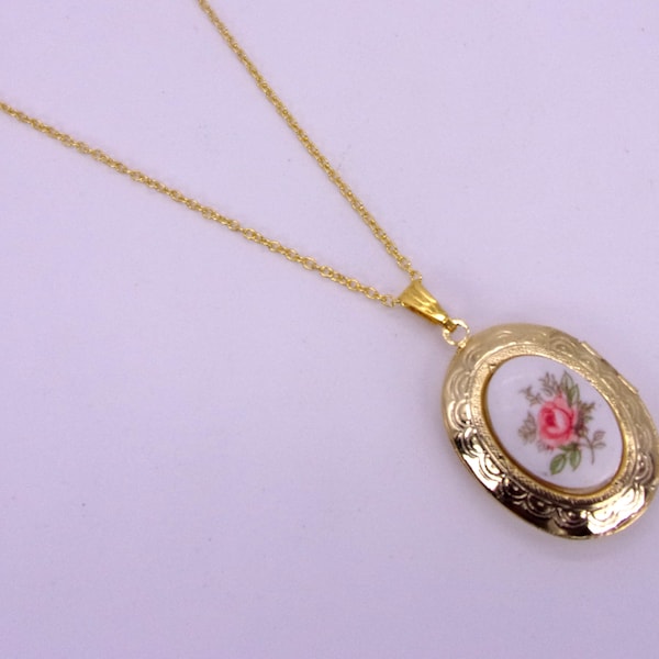 Rose Limoges Stone Locket,1970s Limoges Stone Locket,18x13 Rose Limoges Stone Locket