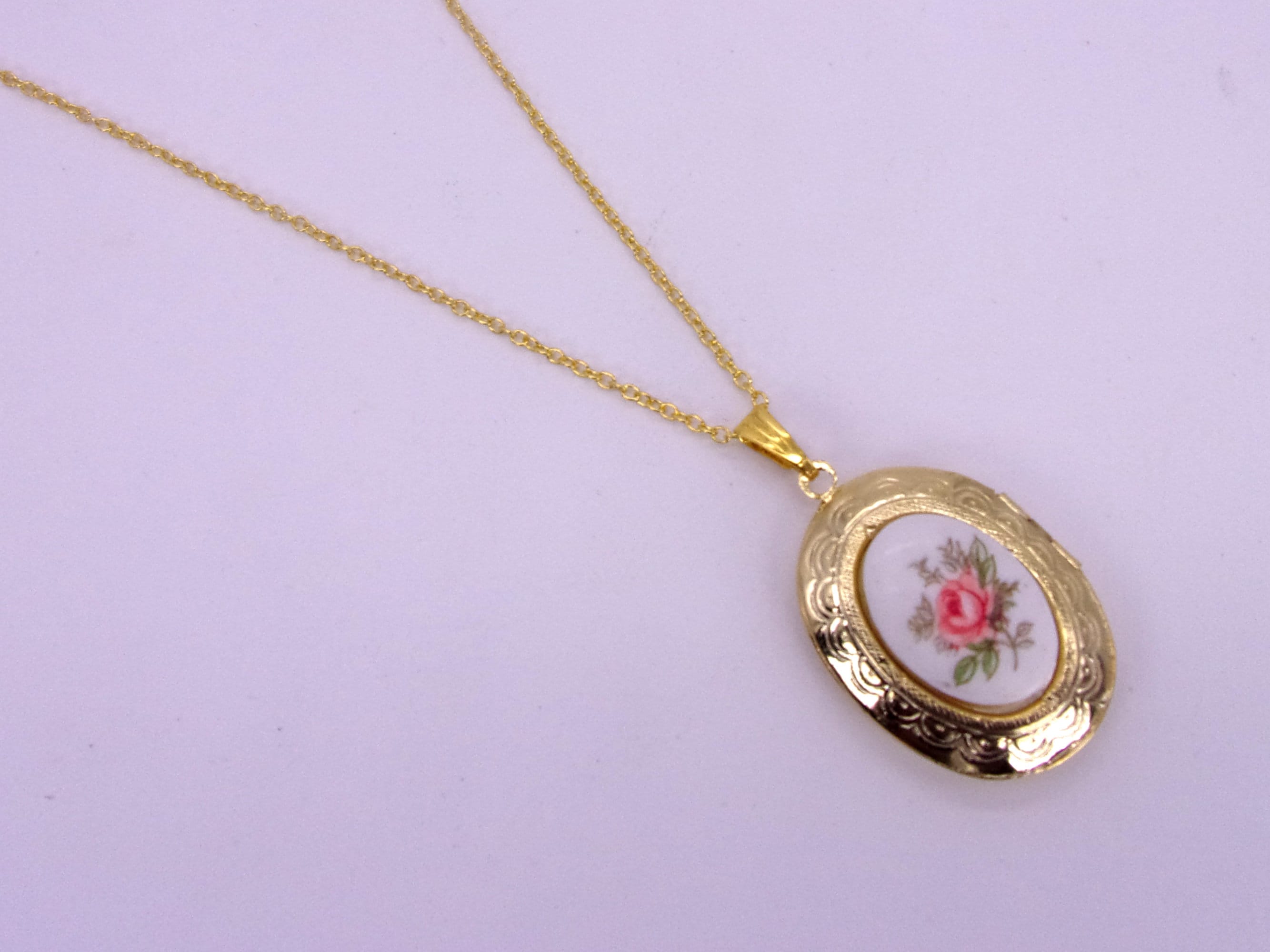 Rose Limoges Stone Locket,1970s Limoges Stone Locket,18x13 Rose Limoges Stone Locket