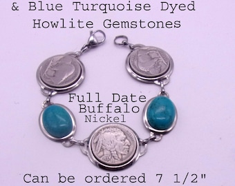 Buffalo Nickel Bracelet Full Date,Blue Turquoise Dyed Howlite Cabochons,Several Sizes available