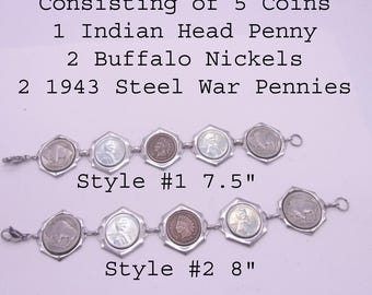 Pulsera con monedas American Heritage, piezas de los años 70, nueva, sin usar, para 5 monedas.