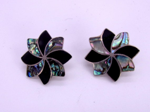 Sterling Silver Abalone & Onyx Earrings,Vintage A… - image 1