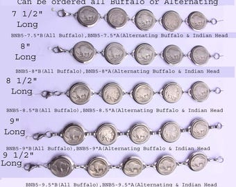 Pulsera Buffalo Nickel de 5 monedas, piezas de los años 70, stock antiguo nuevo, disponible en 5 tamaños.