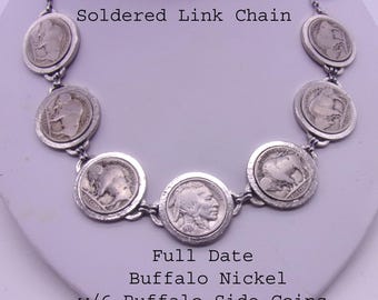 Collar de 7 monedas de níquel búfalo genuino, moneda central con fecha completa y 6 monedas de búfalo laterales.