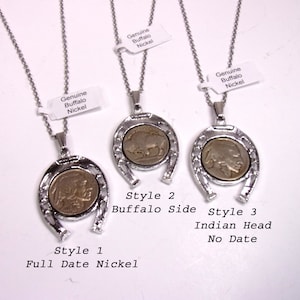 Lucky Horseshoe Buffalo Nickel Necklace,New Old Stock 1970s Horseshoe Buffalo Nickel Necklace