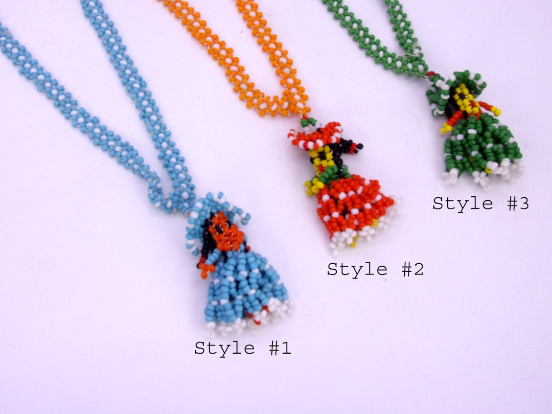 Seed Bead Indian Doll Necklace,lady With Big Hat Doll Necklace,1970s