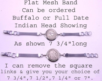 Buffalo Nickel Bracelet Flat Mesh Band Full Date,Buffalo Showing Choice of Sizes Medium Link