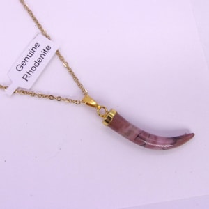 Rhodonite Horn Necklace, 1970s New Old Stock,Carved Rhodonite Italian Horn Necklace