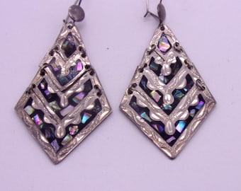 Pendientes vintage de abulón en plata de ley, pendientes articulados de abulón