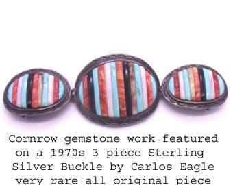 Carlos Eagle Cornrow Belt Buckle,Native American Made 1970s Gemstone Buckle,Rare FInd