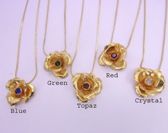 Gold Rose Rhinestone Necklace,1970s Gold Rose Rhinestone Necklace,New Old Stock Gold Plated Rhinestone Rose