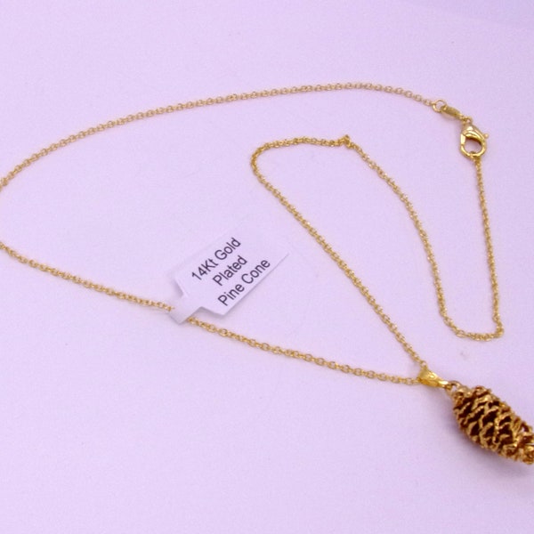 Gold Plated Pine Cone Necklace,14Kt Gold Plated Miniature Pine Cone Necklace, New Old Stock 1970s